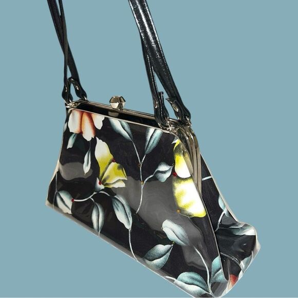 Adorable black patten leather look satchel white clasp closure! - Picture 6 of 17